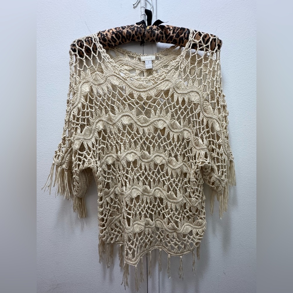 Chico's Open Crochet Short Sleeve Sweater San Tan Pullover Women's Size 1 Small